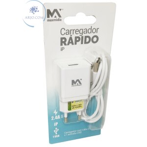 CARREGADOR RÁPIDO COM 01 ENTRADA USB 2.4A E CABO USB DO IPHONE (MAX-CAR131)