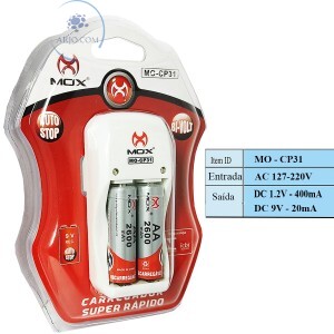 CARREGADOR DE PILHA COM 2 PILHAS AA 2600mAh (MO-CP31)