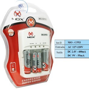 CARREGADOR DE PILHA COM 2 PILHAS AAA 1000mAh E 2 PILHAS AA 2600mAh (MO-CP53)