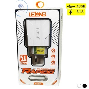 CARREGADOR RÁPIDO COM  2 PORTAS USB 5.1A + CABO V8 (LE-231FV)